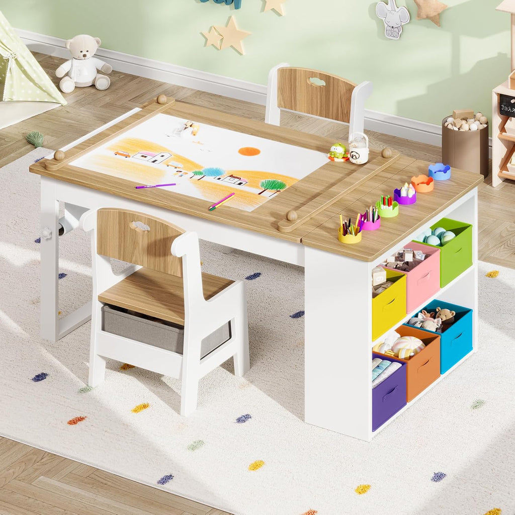 Befrases Kids Art Table and Chairs, Toddler Craft Table and 2 Chairs Set with Roll Paper, Large Activity Desk with 6 Colorful Paint Cups & Storage for Drawing, Learning and Reading