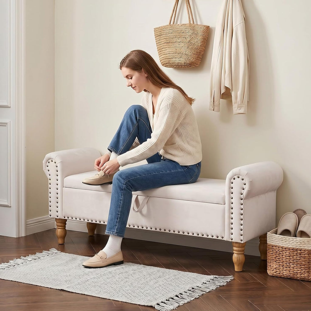 55" Linen Storage Bench, Queen End of Bed, Off-White | Linen Upholstered, Bedroom/Entryway/Closet, Storage Ottoman Bench, Window Seat, Lift-Top Storage, for Queen & King Bed