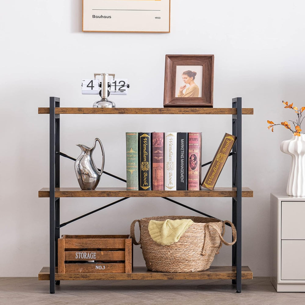 HCHQHS Bookshelf, 3-Tier Industrial Bookcase, Rustic Open Book Shelf, Wood an...
