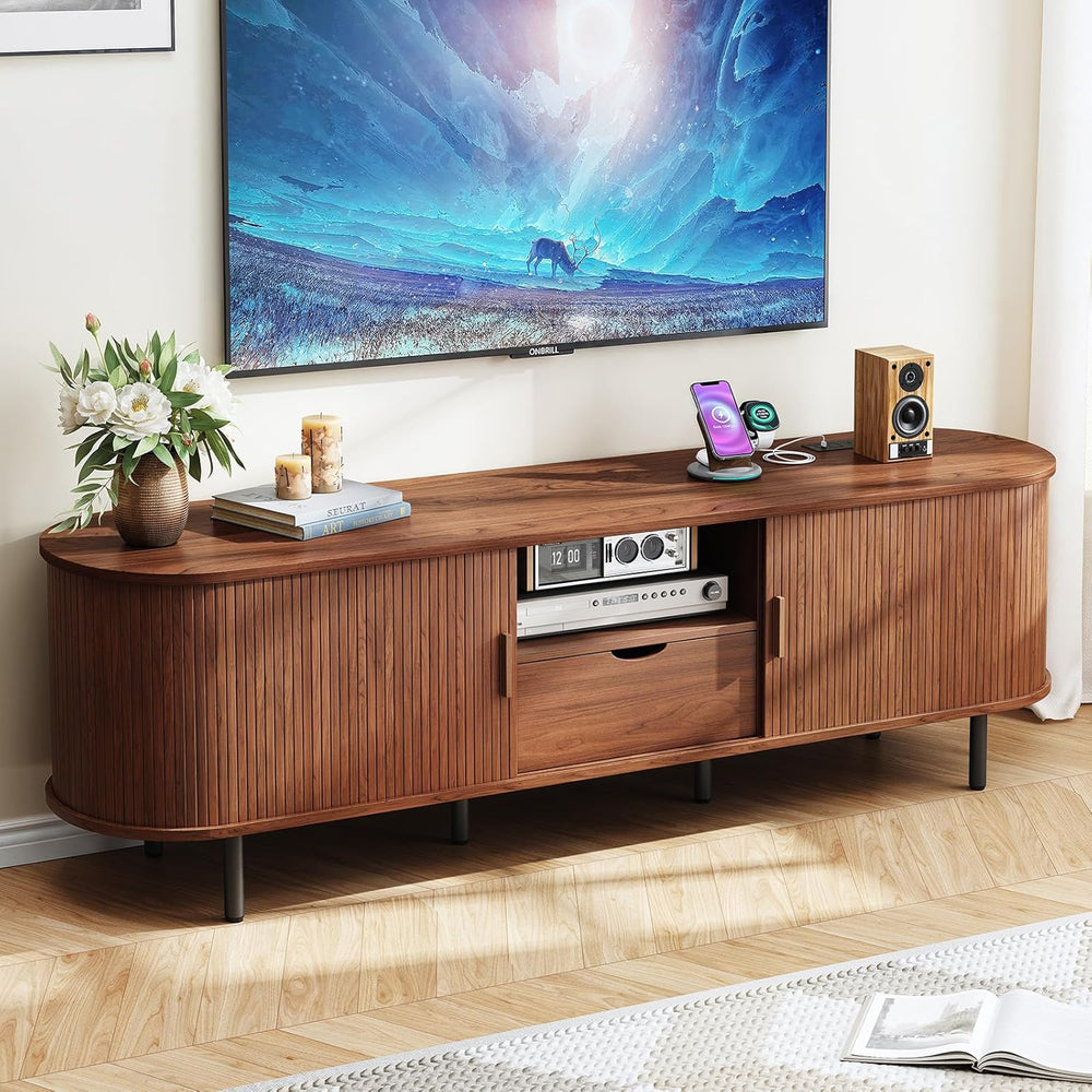 ONBRILL 69" TV Stand with Power Outlet for TVs up to 80", Walnut | ...