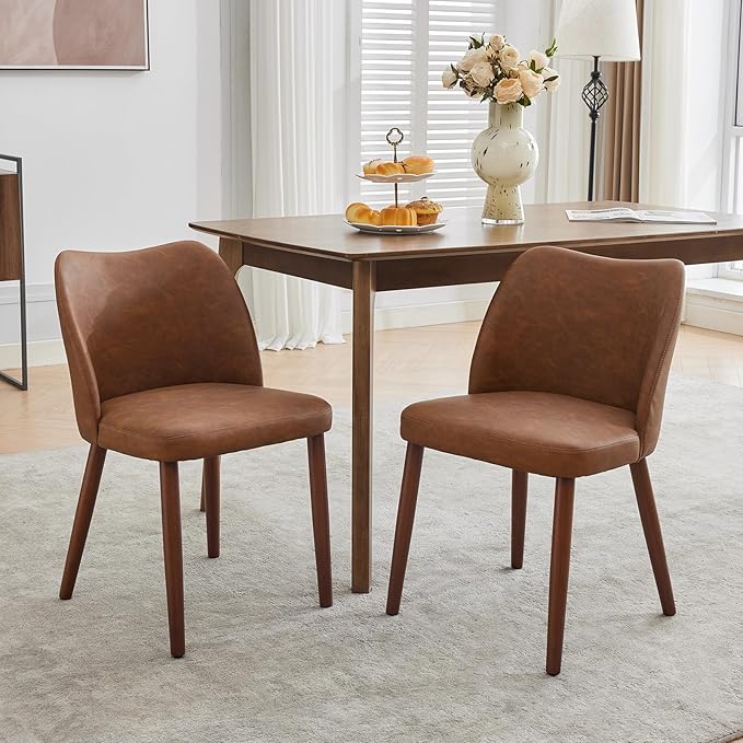 Dining Chair Set of 4, Leather Upholstered Dining Chair with Wood Legs, Wing Backrest, Wooden Kitchen Chair, Kitchen Chairs with Thick Cushions for Dining Room, Living Room, Brown