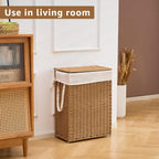 Slim Wicker Laundry Hamper with Lid, 55L Handwoven Rattan Basket with Handles, Narrow Laundry Basket with Removable Liner Bag & 2 Mesh Bags