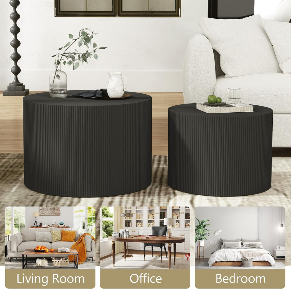 Nesting Coffee Table Set of 2, Round Wood Accent Table, Black | Modern Wooden...