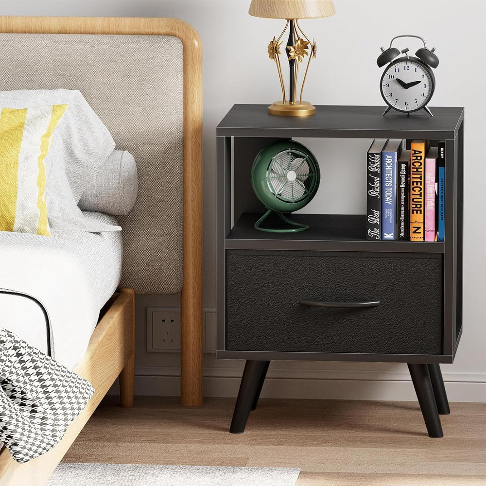 Aenuert Night Stand, Black Nightstand with Drawer, Side Table with Open Stora...