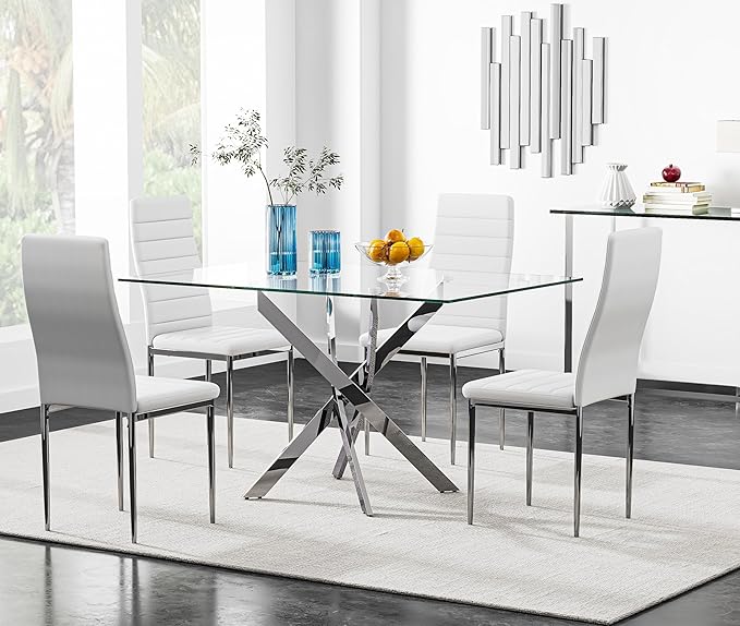 5 Piece Dining Table Table Set, Tempered Glass Dining Table Set for 4 Kitchen Table Set with 4 Upholstered Chairs for Kitchen Dining Room (Sliver Table with White Chair)