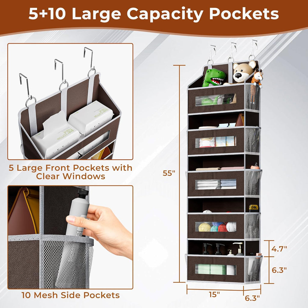 5-Tier Over The Door Storage Organizer with 10 Side Mesh Pockets, 48 lbs Load Capacity, 3 Hooks Design, Door Hanging Organizer with Clear Windows for Bathroom, Bedroom, Nursery, Kitchen-Brown