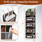 5-Tier Over The Door Storage Organizer with 10 Side Mesh Pockets, 48 lbs Load Capacity, 3 Hooks Design, Door Hanging Organizer with Clear Windows for Bathroom, Bedroom, Nursery, Kitchen-Brown