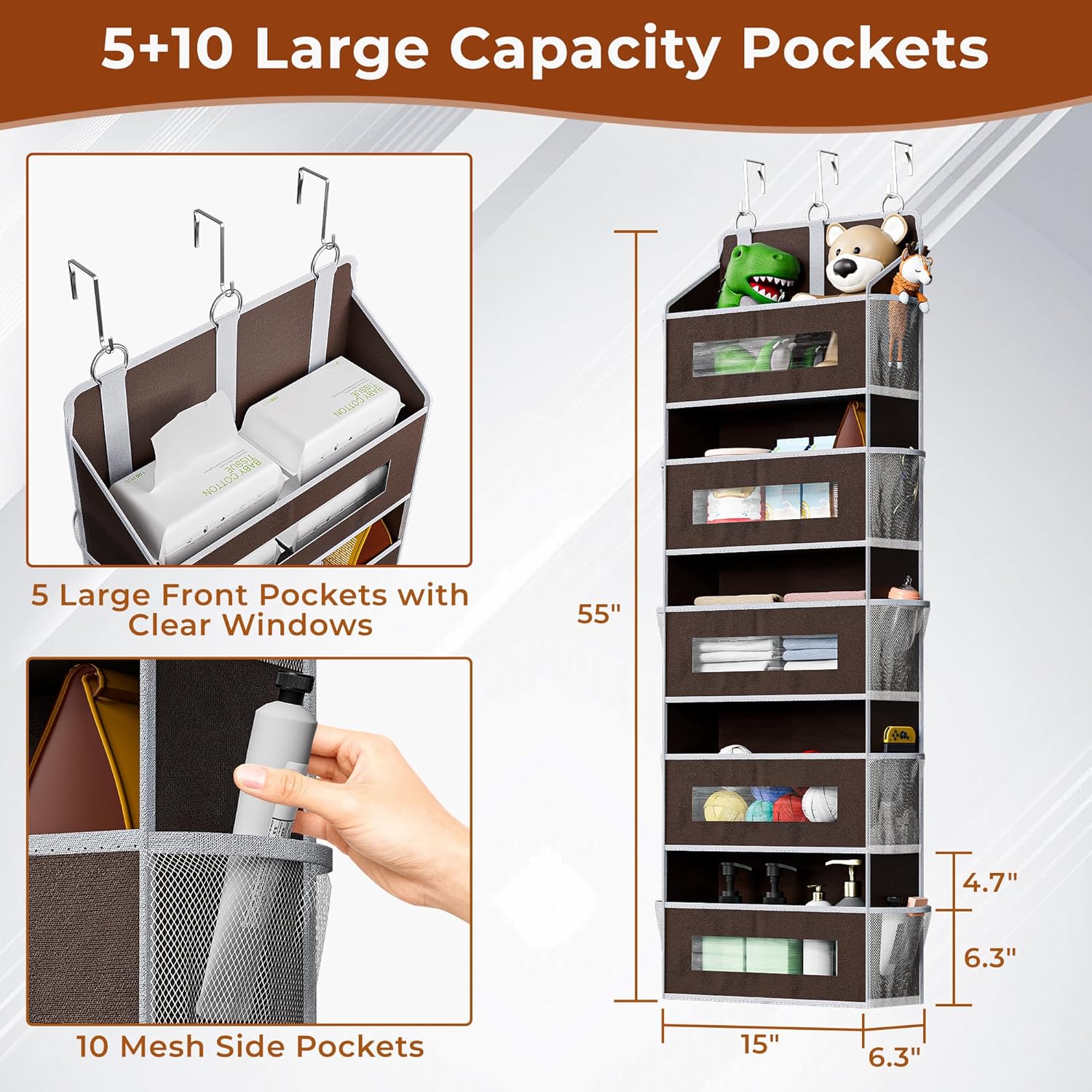 5-Tier Over The Door Storage Organizer with 10 Side Mesh Pockets, 48 lbs Load Capacity, 3 Hooks Design, Door Hanging Organizer with Clear Windows for Bathroom, Bedroom, Nursery, Kitchen-Brown