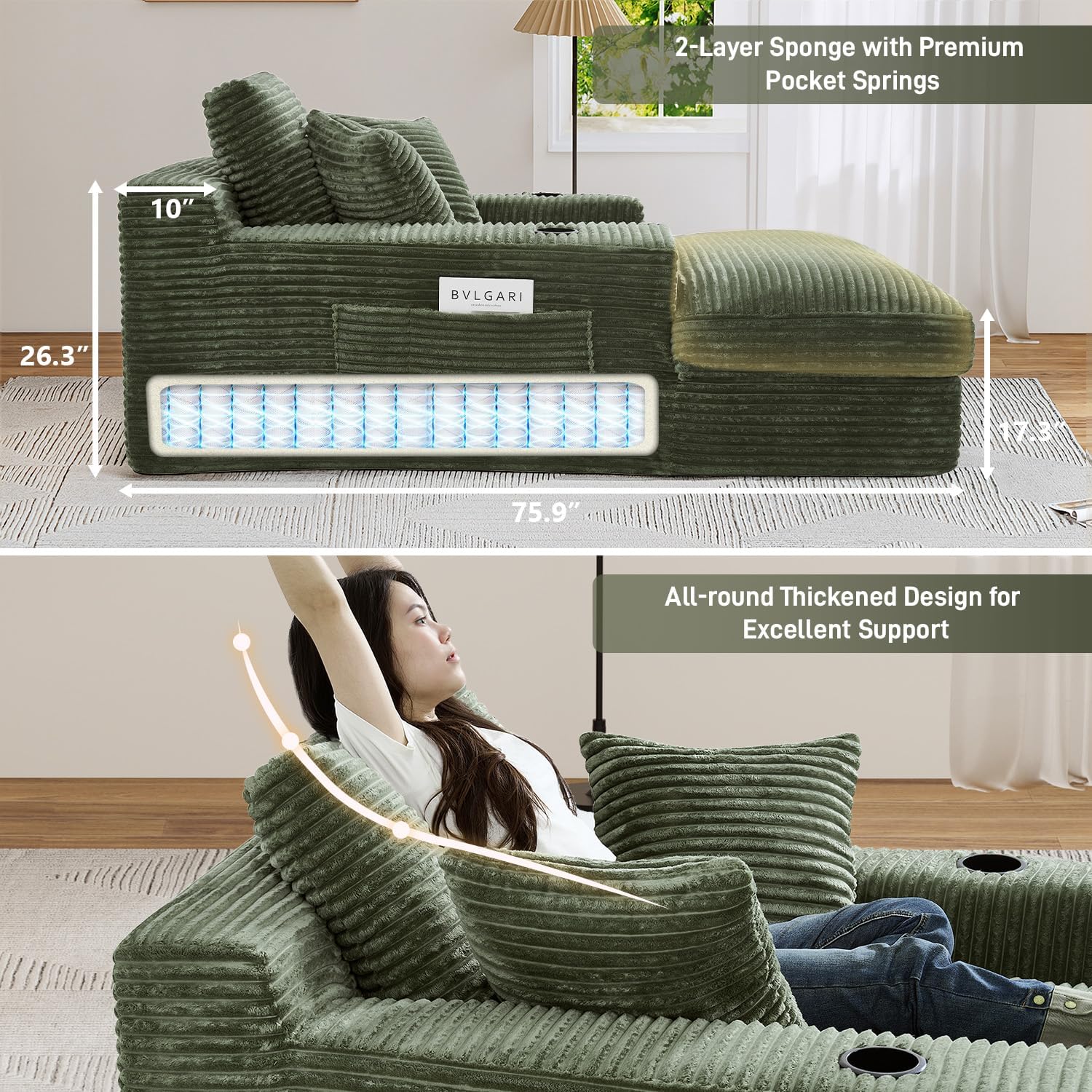 75.9"D Oversized Chaise Lounge Chair Indoor with Cup Holders,Green | Comfy Reading Chair,with Cup Holders & Side Pocket,Plush Corduroy 30D High Density Sponge Boneless Chair with 2-Layer Sponge