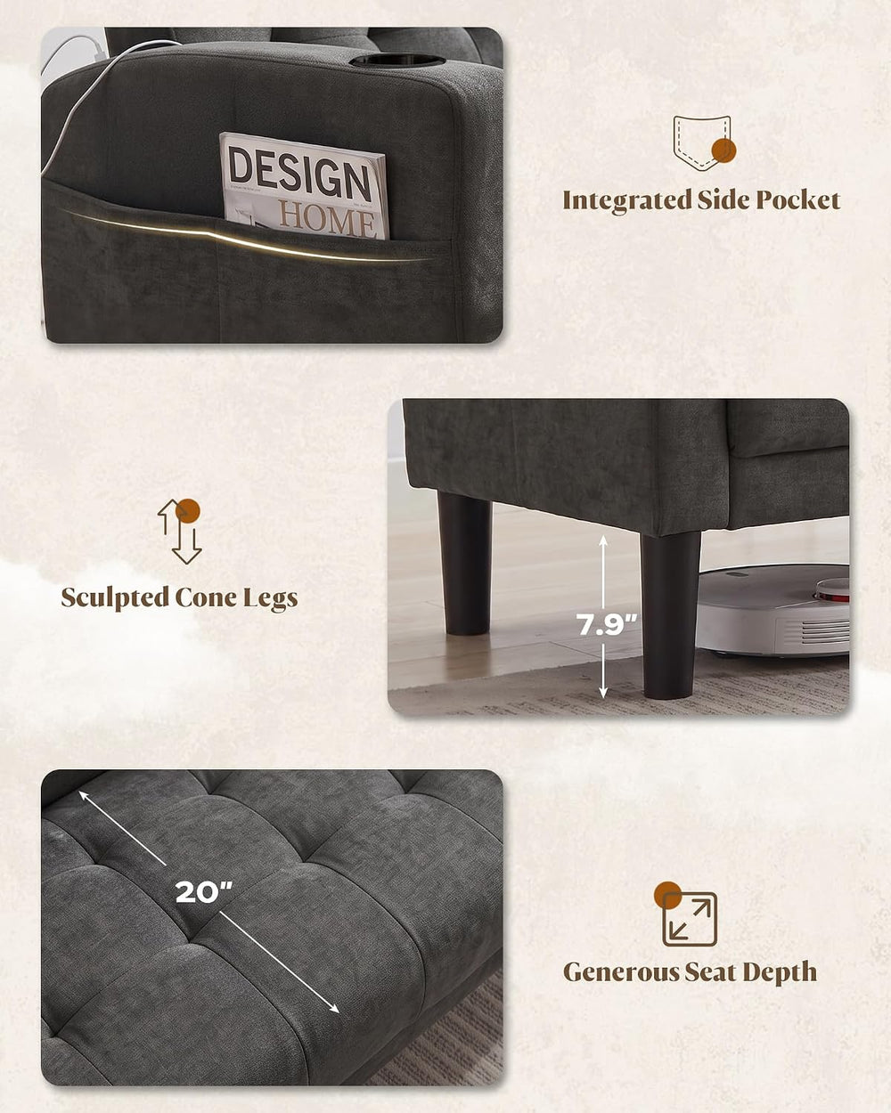 3 Piece Dark Grey Fabric Linen Mid Century Modern Living Room Sofa Set