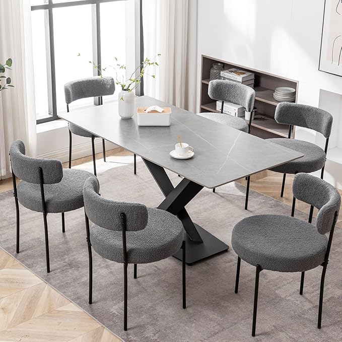 Grey Boucle Dining Chairs Set of 6, Upholstered Dining Room Chairs with Black Metal Legs, Round Modern Dining Chair for Dining Room, Kitchen