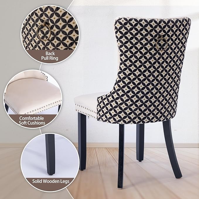 Velvet Dining Chairs Set of 2, High-end Tufted Upholstered Dining Chair with Back Ring Pull, Nailhead Trim and Solid Wood Legs, Modern Dining Room Chairs for Dining Room, Beige &Patterned