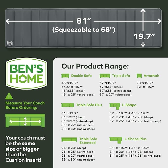 BEN'SHOME® Large Couch Cushion Support for fix Sagging Seats - Heavy Duty Solid Wood Sofa Support Board | Adjustable 68"-81" x 19.7" Under Cushion Insert | Non-Slip Furniture Saver | 400 LB Capacity