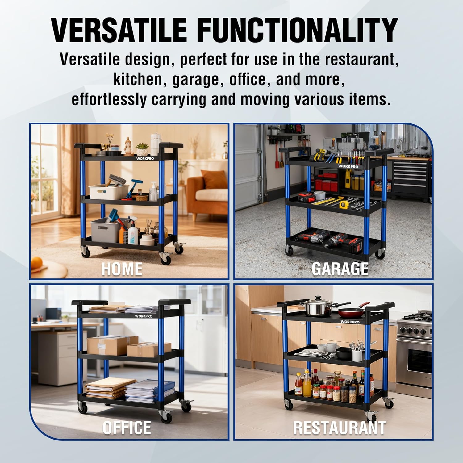 WORKPRO 3-Tier Service Utility Cart, 400LBS Plastic Rolling Cart with Handles & Lockable Wheels, Heavy Duty Storage Cart for Restaurant, Kitchen, Office, Garage, Warehouse
