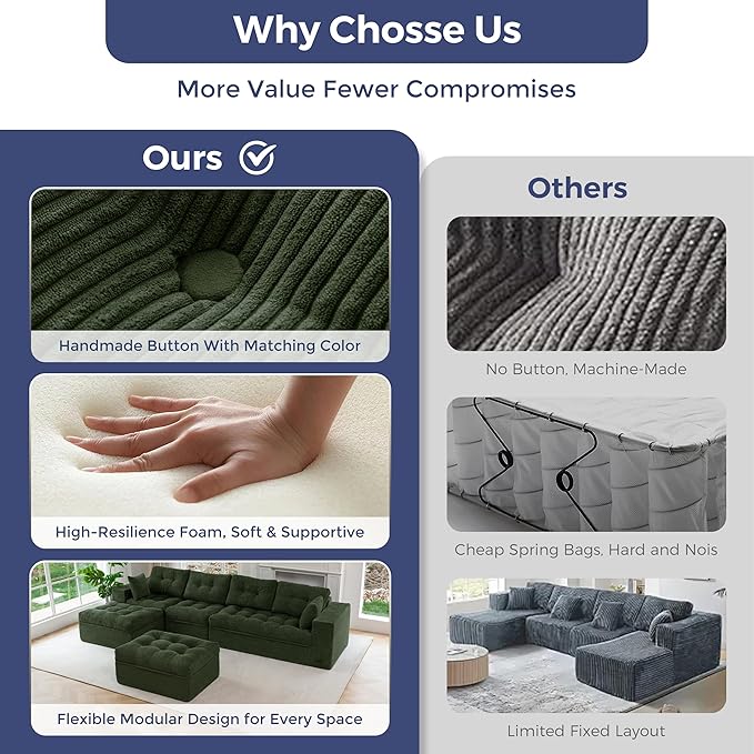 MAXYOYO 132" U Shaped Modular Sectional Sofa with 2 Ottomans, Cloud Boneless Couch with Layered Cushion, Flexible Module Combination Sofa for Living Room, No Assembly Required, Dark Green