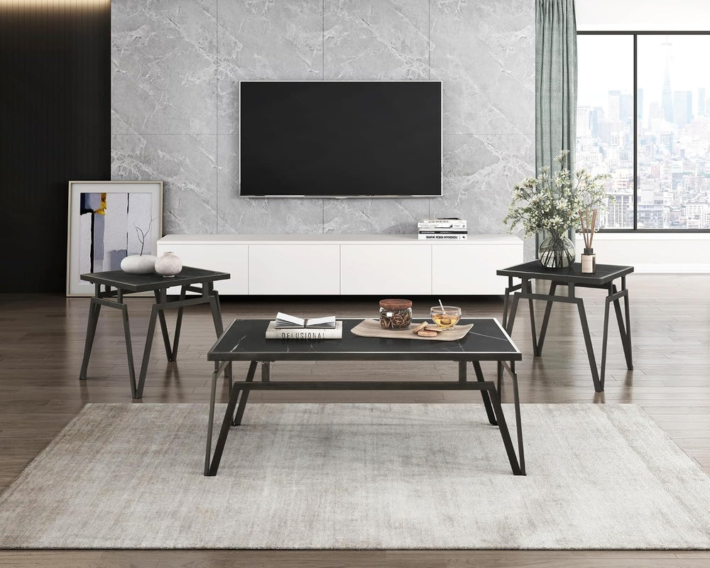 Modern Black 3pc Occasional Table Set with Sintered Stone Tops | Includes 1 c...