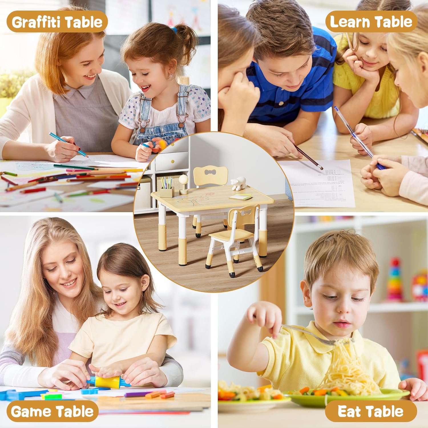 Brelley Kids Table and 2 Chairs Set, Height Adjustable Toddler Desk 31.5" L x 23.6" W and Chair Set, Graffiti Desktop, Classroom/Daycare/Home, Children Multi-Activity Table for Ages 3-8