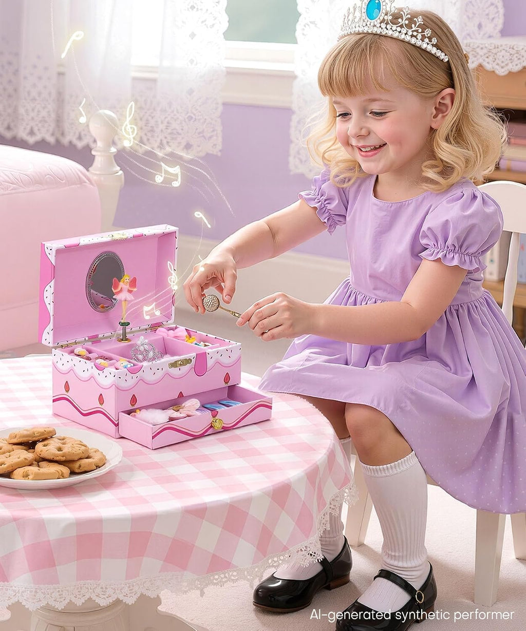 Homde Musical Jewelry Box for Girls: 2-Layer Spinning Fairy Organizer | Storage for Ring Necklace - Birthday Christmas Gift for Girls Ages 3 to 12 - Spinning Fairy Plays Melody When Lid Opens