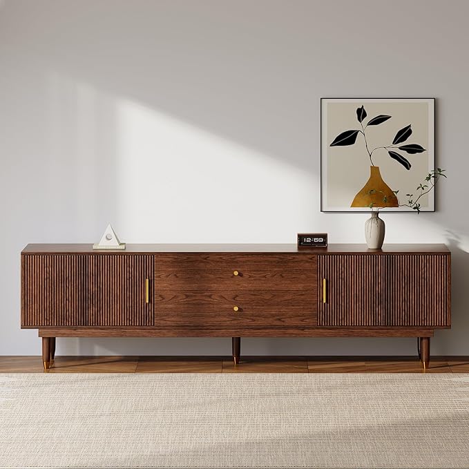Mid Century Modern TV Stand for 90 inch TV, 78.7" Walnut TV Console with 2 Storage Cabinet & 2 Drawers, Entertainment Center, Media Console for Living Room/Bedroom