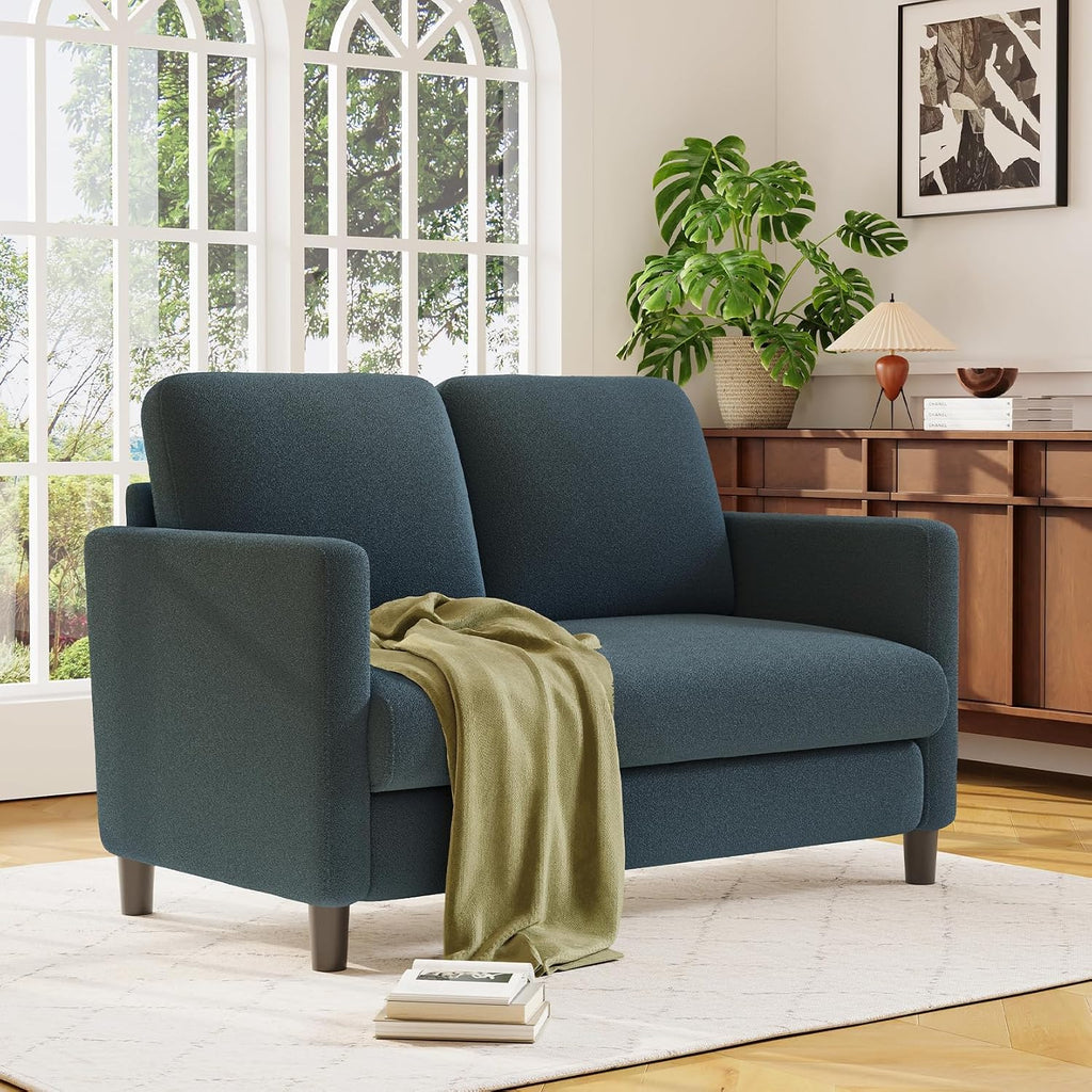 Welzona Loveseat, 51" Small Couch, Comfy Teddy Love Seat for Living Room, Tool-Free Setup Loveseat Sofa for Small Spaces, All-Wood Small Sofa Couch for Bedroom, Blue Grey