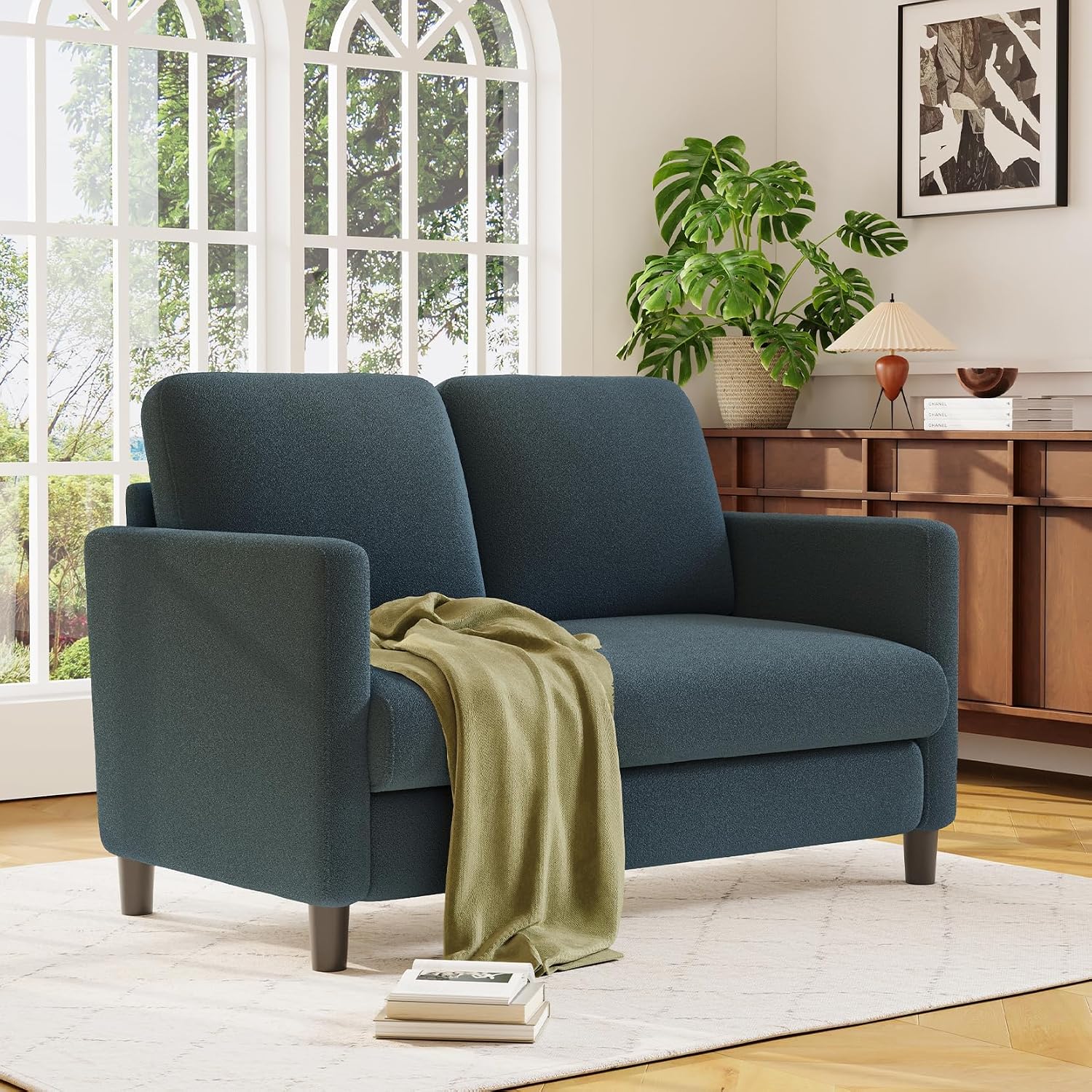 Welzona Loveseat, 51" Small Couch, Comfy Teddy Love Seat for Living Room, Tool-Free Setup Loveseat Sofa for Small Spaces, All-Wood Small Sofa Couch for Bedroom, Blue Grey