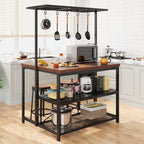 IDEALHOUSE 47" Kitchen Island with Electrical Outlets - Rolling Microwave Stand with 3-Tier Shelves, 5 Hooks & 400lb Capacity (Black & Wood)