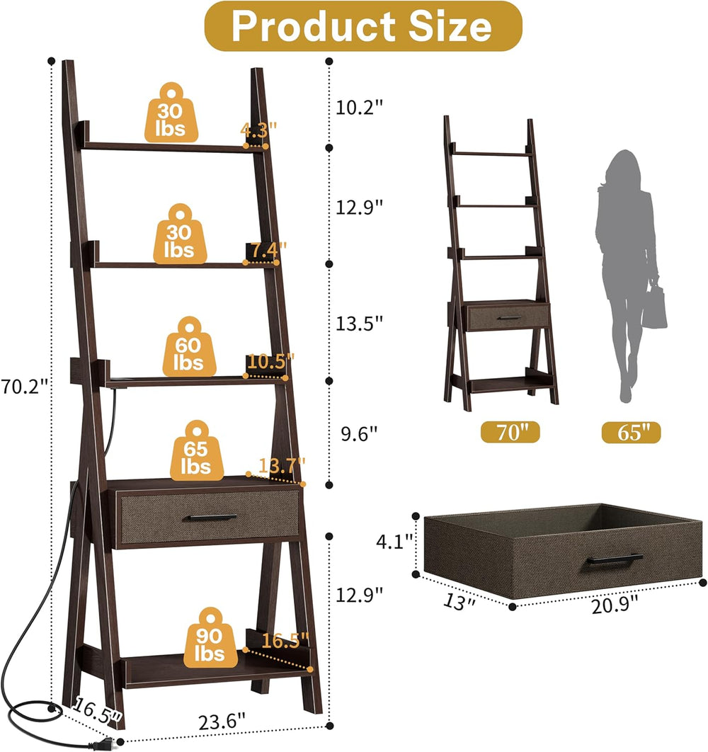 DynJest 5-Tier Bookshelf with Drawer, 70" Tall Ladder Shelf with Power O...