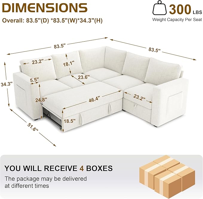 83.5" Sectional Sleeper Sofa with Pull Out Couch, Modern 5 Seat L Shaped Modular Couch, Sectionals Modular Sofa with Storage, Comfy Sectional Couches for Living Room & Apartment, Light Beige