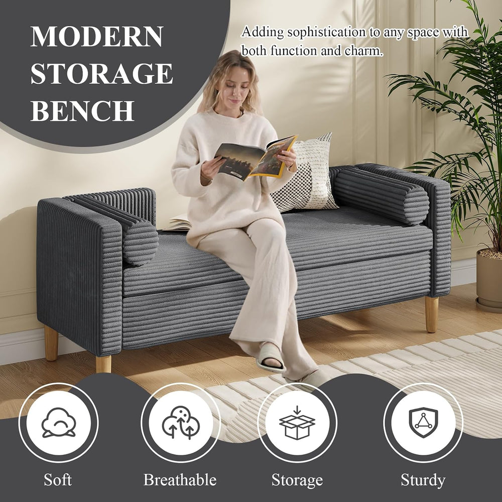65.35" Storage Bench, Corduroy Upholstered End of Bed Bench with Bolster...