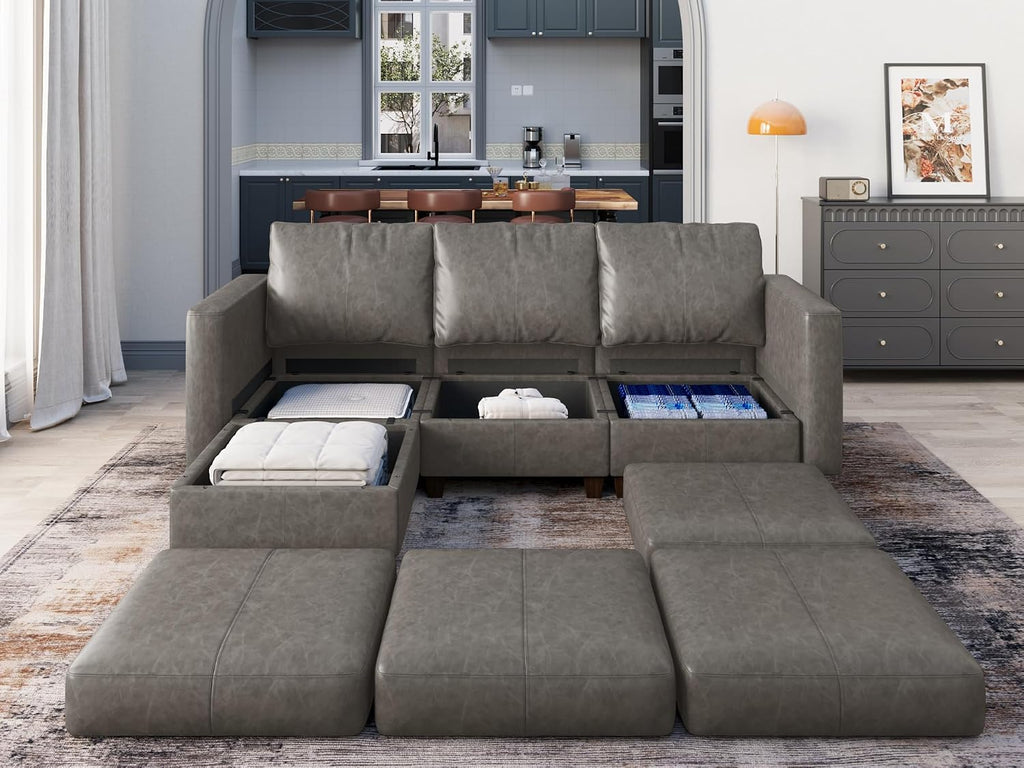 EASE MOOSE Faux Leather Modualr Sectional Couch with Storage,Gray Faux Leather Sectional Sofa Modular Couch