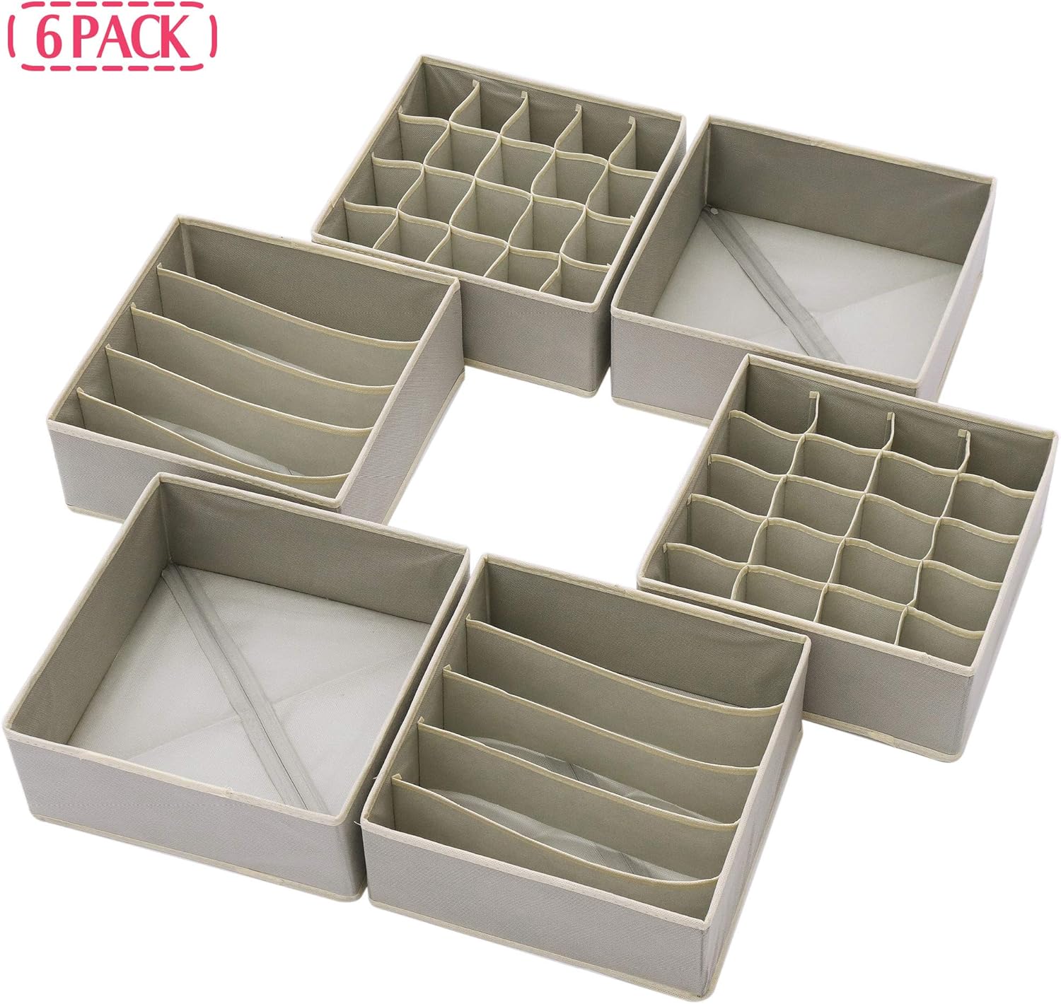 DIOMMELL Set of 6 Foldable Cloth Storage Box Closet Dresser Drawer Organizer Fabric Baskets Bins Containers Divider for Clothes Underwear Bras Socks Lingerie Clothing, Grey 22-2000