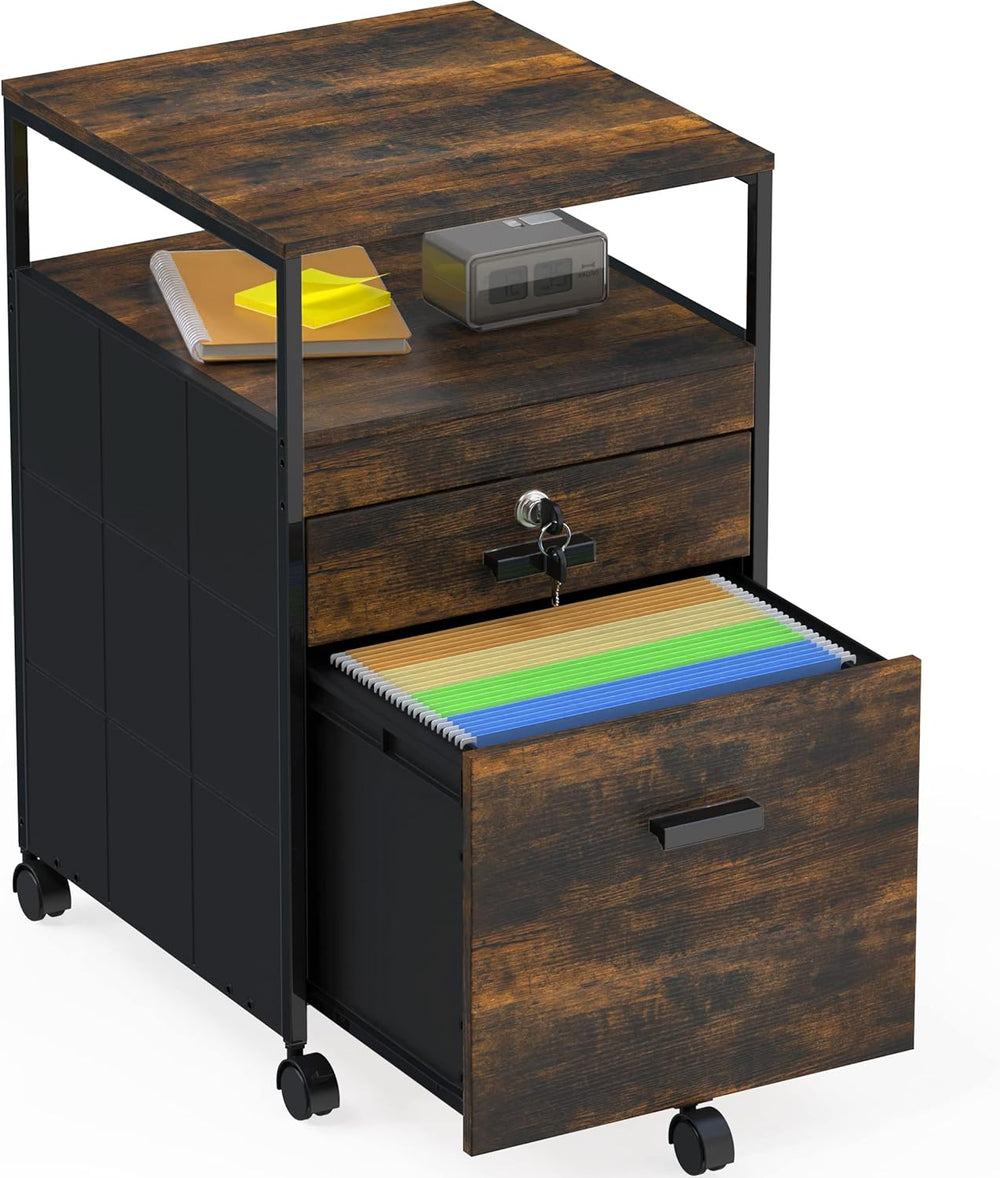 SHW Box File Rolling Mobile Cabinet with Lockable Drawer, Rustic Brown