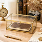 Glass Jewelry Box with Lid, Gold Metal Frame Trinket Box, Clear Display Case for Rings Earrings Necklace Bracelet, Small Jewelry Organizer for Vanity Bathroom Dresser Countertop Storage Box