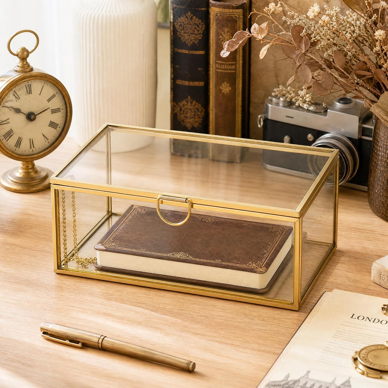 Glass Jewelry Box with Lid, Gold Metal Frame Trinket Box, Clear Display Case for Rings Earrings Necklace Bracelet, Small Jewelry Organizer for Vanity Bathroom Dresser Countertop Storage Box
