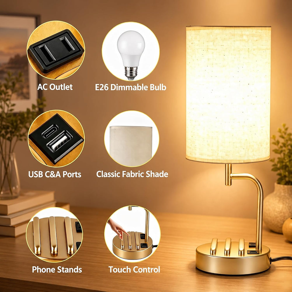 Dreamholder Touch Control USB Table Lamp with USB C/A & AC Outlet, 3-Way ...
