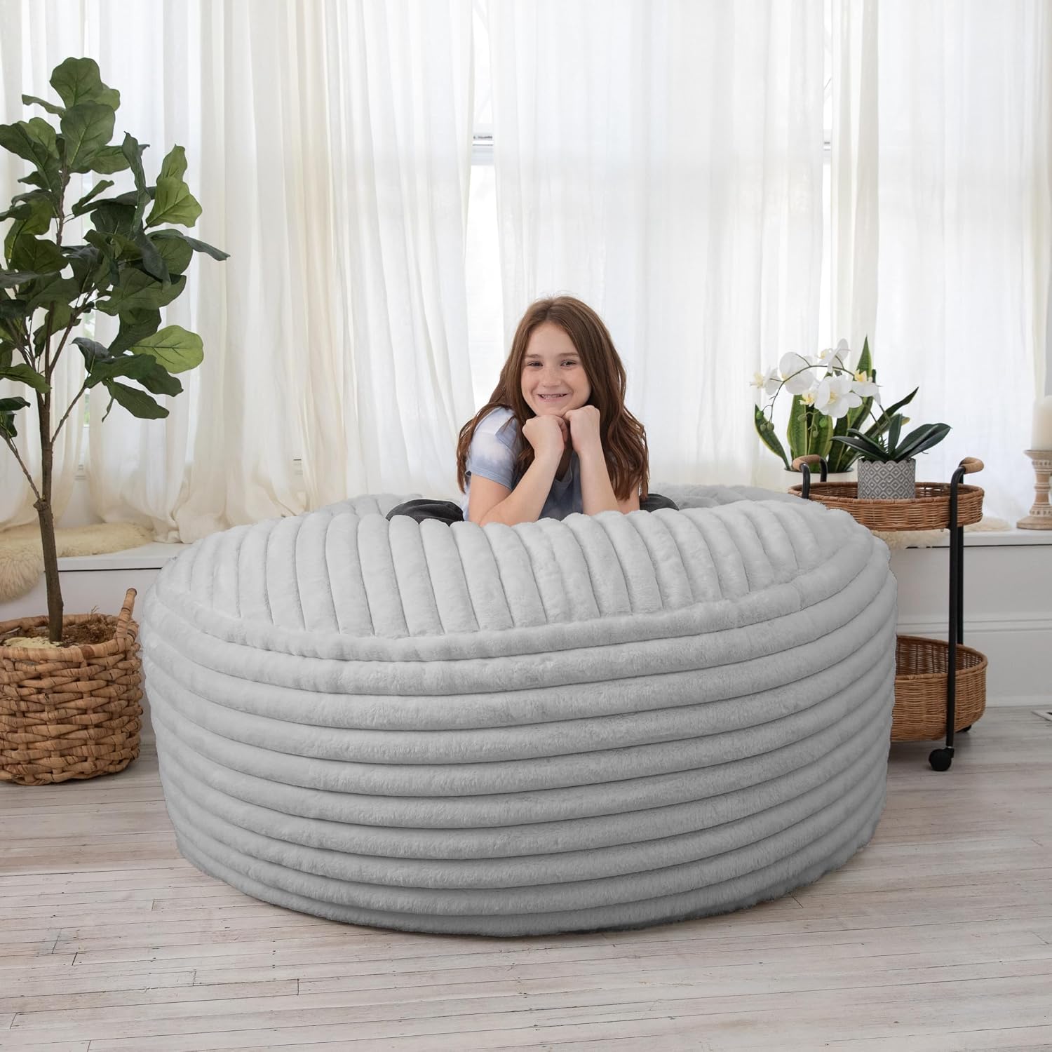 Jaxx 5 Foot Saxx Bean Bag Chair for Adults - Luxe Faux Fur, Mondo Ivory