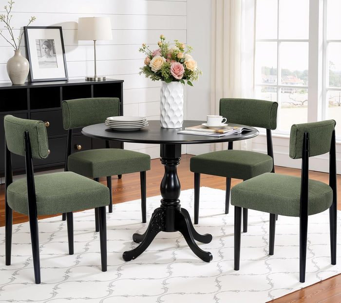 Wooden Dining Chairs Set of 4, Upholstered Kitchen Chairs with Solid Rubberwood Legs, Modern Farmhouse Dining Room Chairs, Green Linen Fabric & Black Legs
