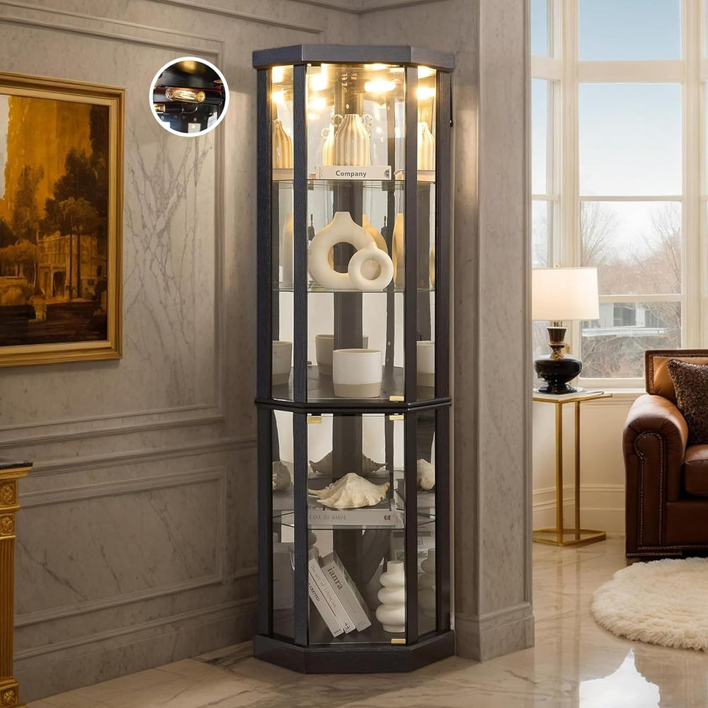 Corner Curio Cabinet, 70" H Lighted Glass Display Cage with Tempered Gla...