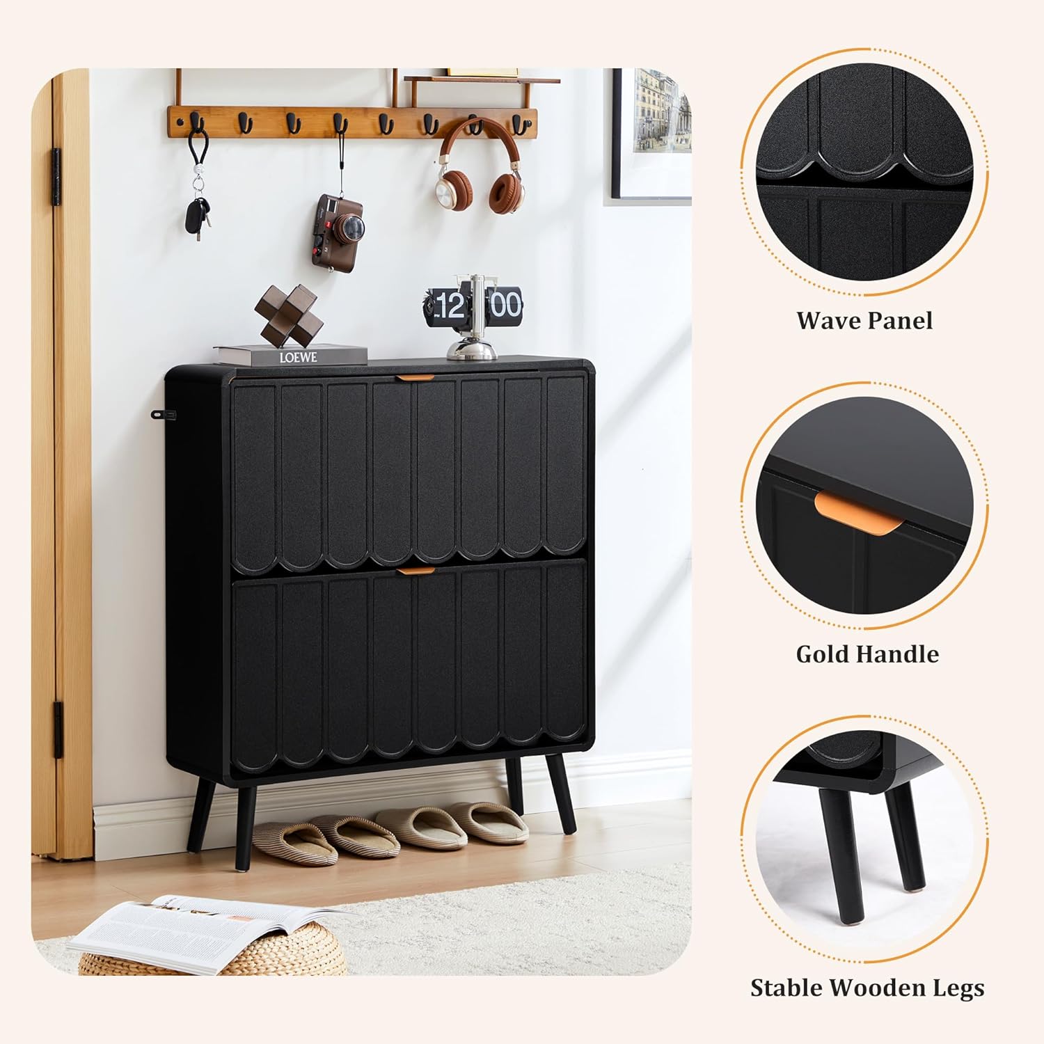 Shoe Storage Cabinet for Entryway with 2 Flip Drawers Set of 2, Freestanding Narrow Wood Shoe Cabinet with Wave Panel, Hidden Shoe Organizer for Foyer, Hallway (Black)