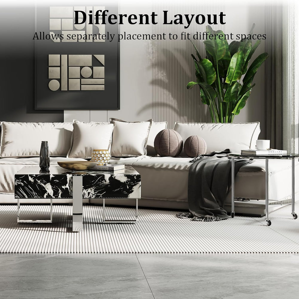 BQueen Modern 2-Piece Luxury Coffee Table Set, Square Black Faux Marble Coffe...