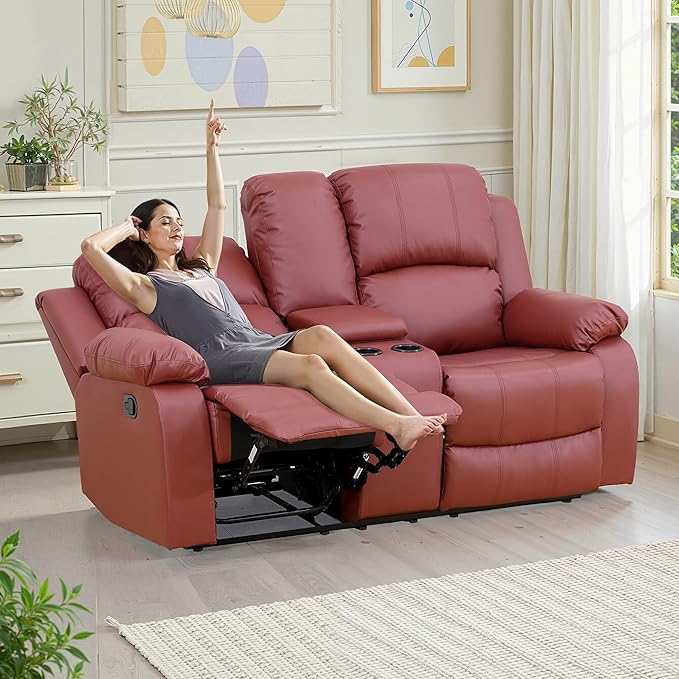 Recliner Sofa Set Couches for Living Room Chair Semi PU Fabric Living Room Furniture Sets, Adjusted Loveseat Reclining Couch Furniture Sofa Set for Theater Seating, Red