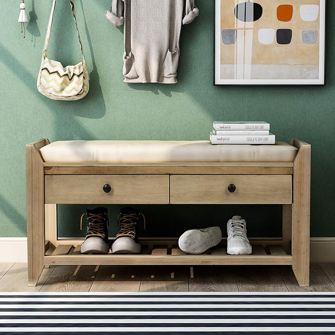 39″ Storage Bench with Cushioned Seat and Drawers,Multipurpose Wooden Entryway Ottoman,Hidden Compartment Organizing Shoe Rack,for Bedroom Hallway Porch,Gray