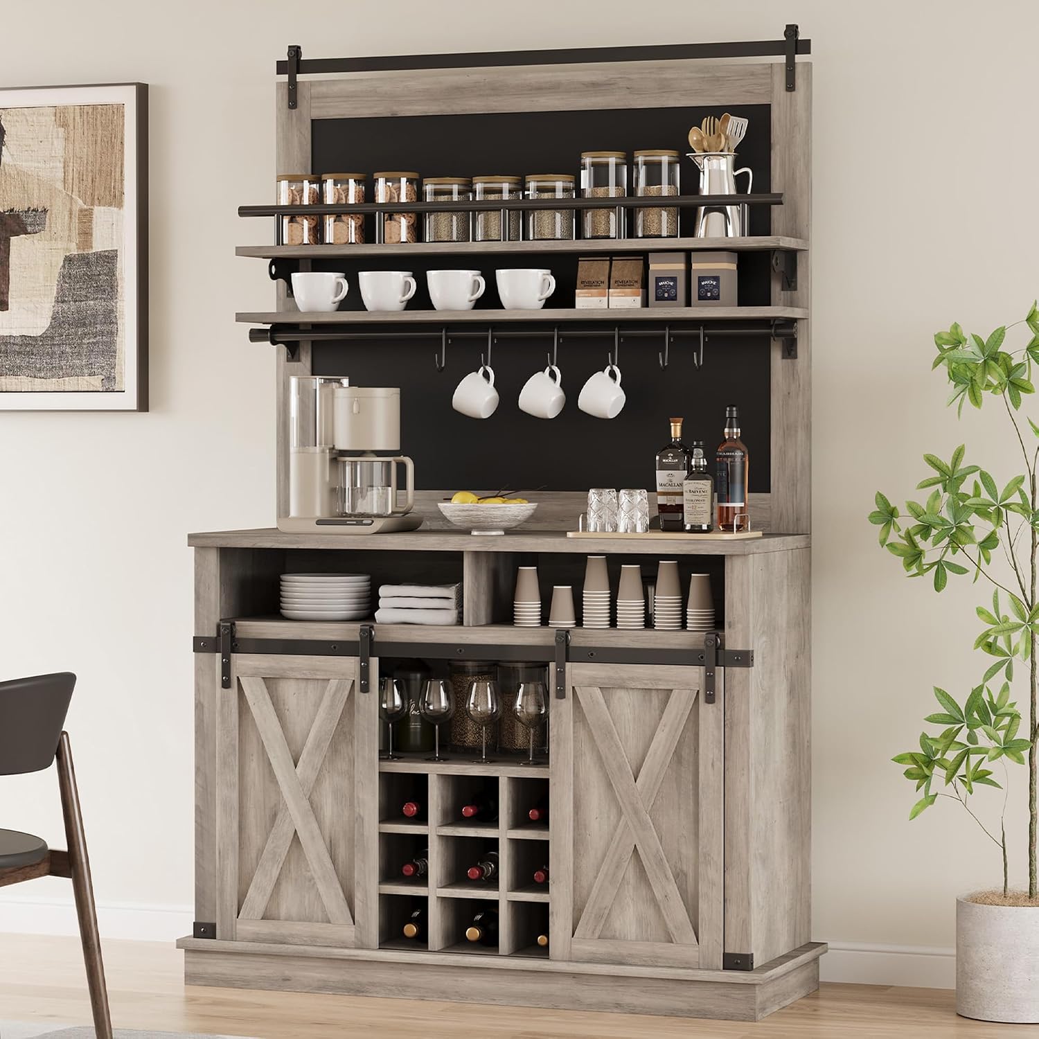 GarveeHome Bar Cabinet 75 in Tall Coffee Hutch Large Kitchens Hutch Farmhouse Coffee Bar Cabinet Cupboard with Sliding Barn Door (Gray)