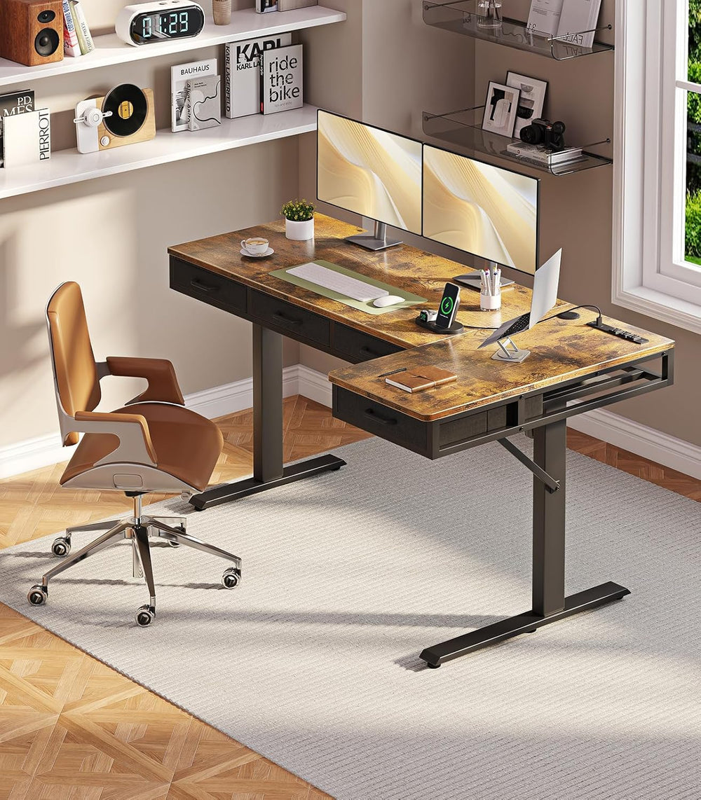OffiGo 63 Inch L Shaped Electric Standing Desk with 4 Drawers, Rustic Brown |...