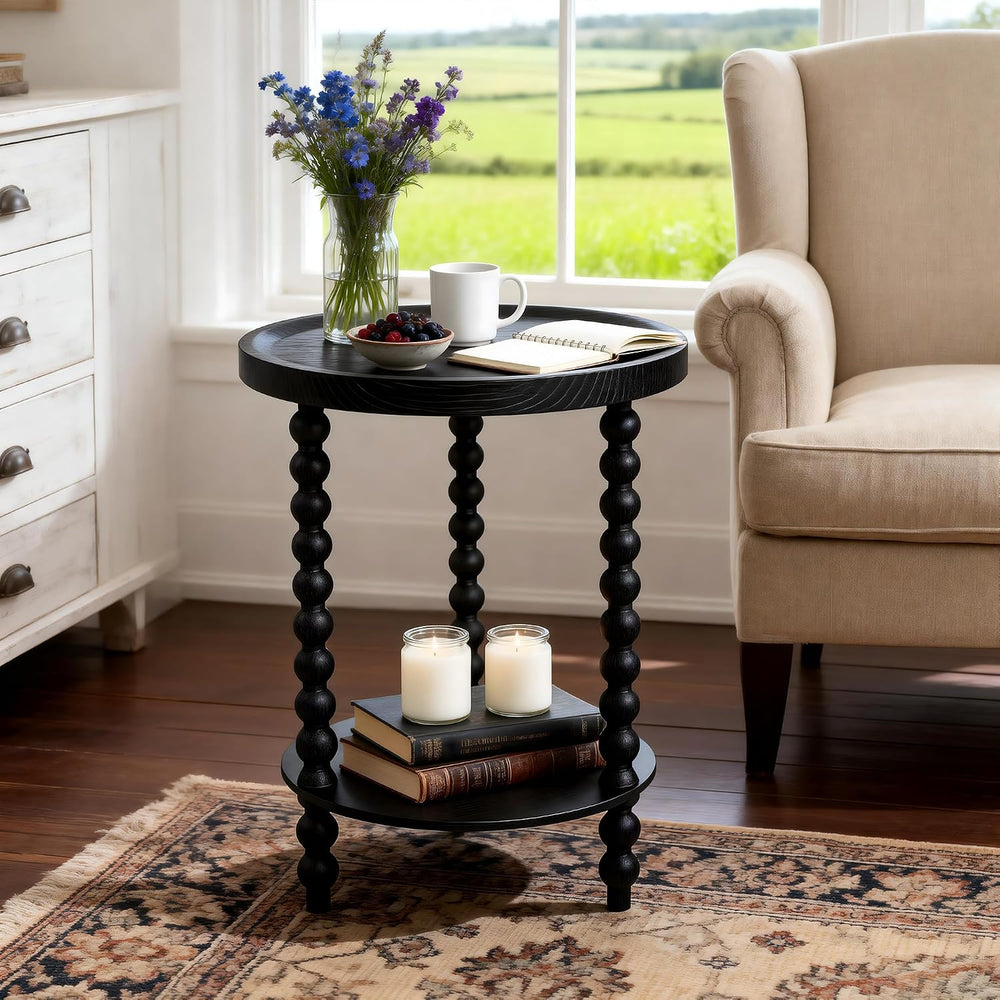 Round 2 Tier Side Table, End Table with Storage Shelf, Modern Nightstand Besi...
