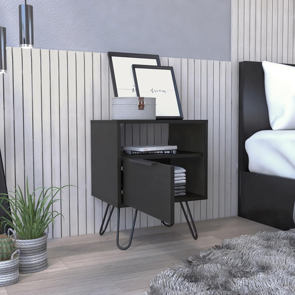 Nightstand, End Table, Side Table Single Door Cabinet, Hairpin Legs -Black,fo...