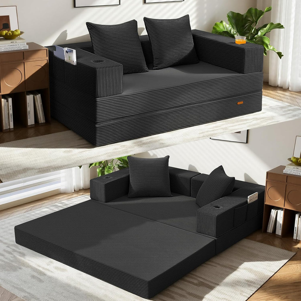 COMAX Futon Sofa Bed, 4‑in‑1 Convertible Sofa Bed, Folding Boneless Couches | Boneless Couch for living room, Fold Out Small Foldable Loveseat Floor Sleeper Mattress Lounge Space‑Saving, Black
