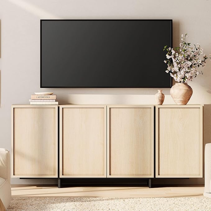 WAMPAT Modern TV Stand for TVs Up to 75", Wooden Entertainment Center TV Console with 4 Door Closed Storage and T-Shaped Wood Legs, Media Console Cabinet for Living Room, Bedroom, Light Oak
