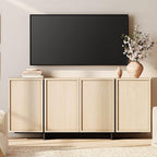 WAMPAT Modern TV Stand for TVs Up to 75", Wooden Entertainment Center TV Console with 4 Door Closed Storage and T-Shaped Wood Legs, Media Console Cabinet for Living Room, Bedroom, Light Oak