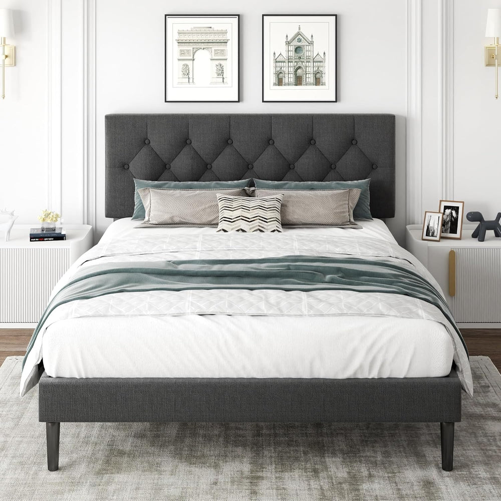 CXVX Full Size Platform Bed Frame with Upholstered Headboard, Button Tufted D...